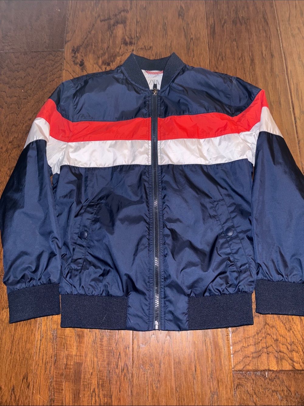 Zara - Size 9 -Navy Bomber Jacket with Red & White Stripes